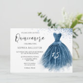 Elegant Navy Indigo Glitter Gown Quinceanera Party Kaart (Staand voorkant)