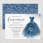 Elegant Navy Indigo Glitter Gown Quinceanera Party Kaart (Voorkant / Achterkant)