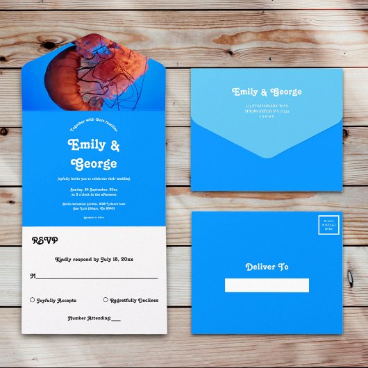 Elegant Navy Jellyfish Nautical Coastal Wedding All In One Uitnodiging