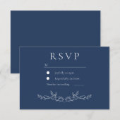 Elegant Navy Leaf Line Art Wedding  RSVP Kaartje (Voorkant / Achterkant)