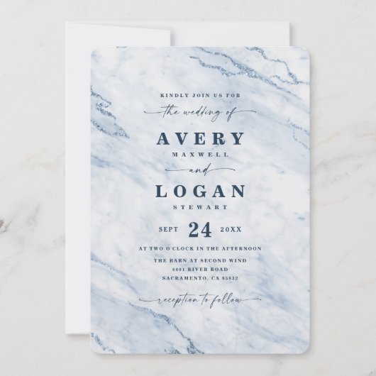 Elegant Navy & Light Blue Metallic marmer Wedding Kaart (Voorkant)