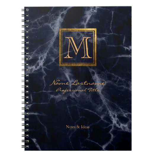 Elegant Navy Marble Square Gold Monogram Notitieboek (Voorkant)