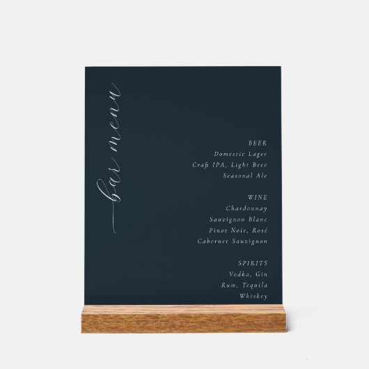 Elegant Navy Minimalist Bar Menu Acryl Bord (Voorkant)