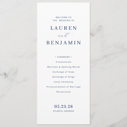 Elegant Navy Minimalist Wedding Ceremony Programmakaart (Voorkant)