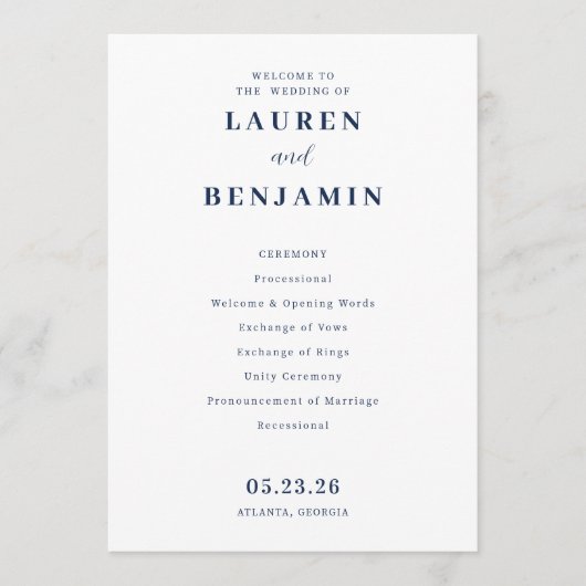Elegant Navy Minimalist Wedding Ceremony Programmakaart (Voorkant)