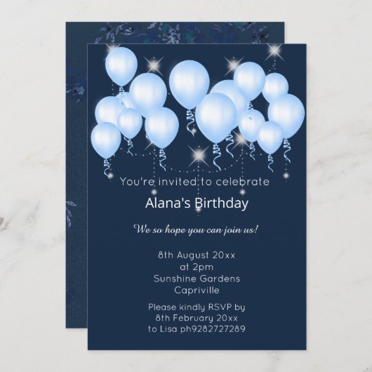 ELEGANT NAVY MODERN BALLOON BIRTHDAY KAART (Voorkant / Achterkant)