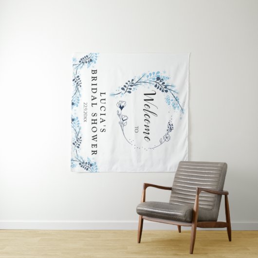 Elegant Navy Monogram Bloemstuk Bruidsfeest Verwel Wandkleed (In Situ (horizontaal))