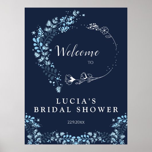 Elegant Navy Monogram Floral Bruiloft Feest Welkom Poster (Voorkant)