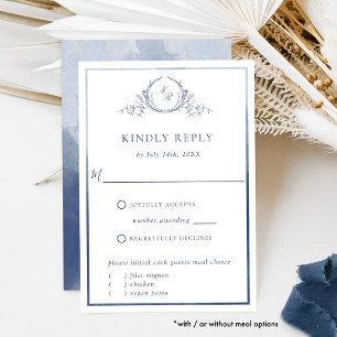 Elegant Navy Monogram met Waterverf Wedding RSVP Kaartje