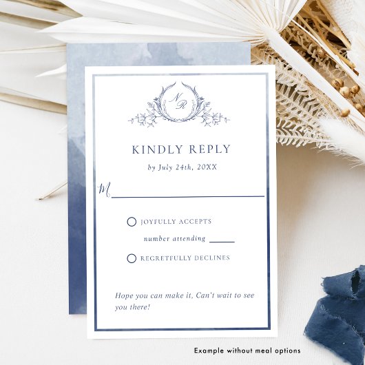 Elegant Navy Monogram met Waterverf Wedding RSVP Kaartje