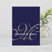 Elegant Navy Monogram Names Wedding Invitation Kaart (Staand voorkant)