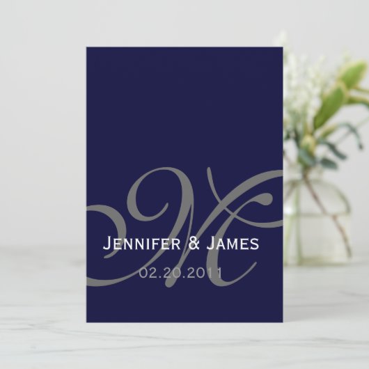 Elegant Navy Monogram Names Wedding Invitation Kaart (Staand voorkant)
