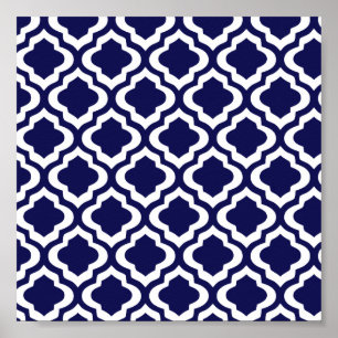 Elegant Navy Moroccan Trellis Quatrefoil Clover Poster