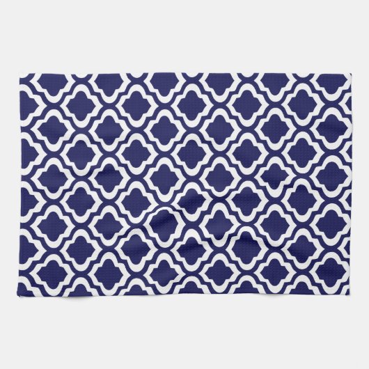 Elegant Navy Moroccan Trellis Quatrefoil Clover Theedoek (Horizontaal)