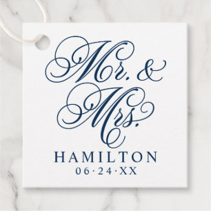 Elegant Navy Mr en Mrs Script Custom Monogram Bedankjes Labels