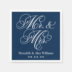 Elegant Navy Mr en Mrs Script Custom Monogram Servet