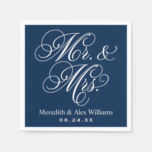 Elegant Navy Mr en Mrs Script Custom Monogram Servet (Voorkant)