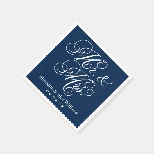 Elegant Navy Mr en Mrs Script Custom Monogram Servet (Hoek)