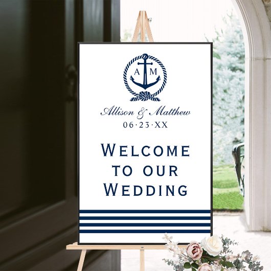 Elegant Navy Nautical Wedding Monogram Welkom Poster