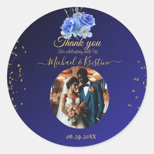 Elegant Navy & Oranje | Foto Bedankt Ronde Sticker (Voorkant)