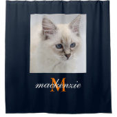 Elegant Navy Oranje Monogram Script Aangepaste fot Douchegordijn (Voorkant)