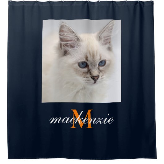 Elegant Navy Oranje Monogram Script Aangepaste fot Douchegordijn (Voorkant)