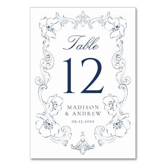 Elegant Navy Ornate Floral Frame Wedding Kaart (Voorkant)