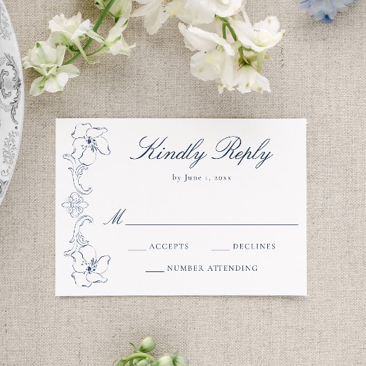 Elegant Navy Ornate Floral Frame Wedding RSVP Kaartje
