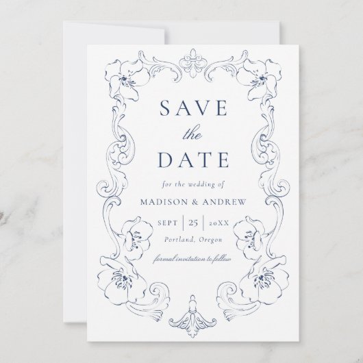 Elegant Navy Ornate Floral Frame Wedding Save The Date (Voorkant)