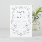 Elegant Navy Ornate Floral Frame Wedding Save The Date (Staand voorkant)