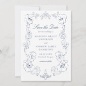 Elegant Navy Ornate Floral Frame Wedding Save The Date (Voorkant)