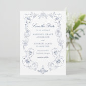 Elegant Navy Ornate Floral Frame Wedding Save The Date (Staand voorkant)