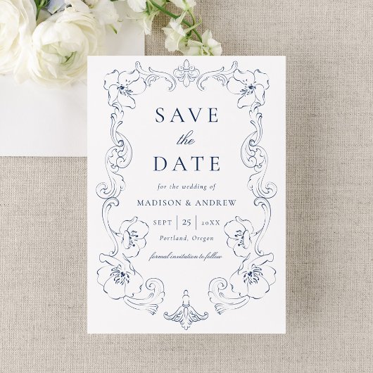 Elegant Navy Ornate Floral Frame Wedding Save The Date