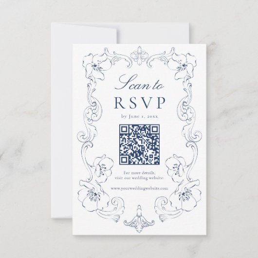 Elegant Navy Ornate Floral QR Code Wedding RSVP Kaartje (Voorkant)