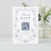 Elegant Navy Ornate Floral QR Code Wedding RSVP Kaartje (Staand voorkant)