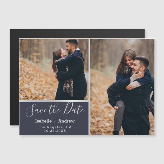 Elegant Navy Photo Collage Silver Save the Date Magnetische Uitnodiging (Voorkant / Achterkant)