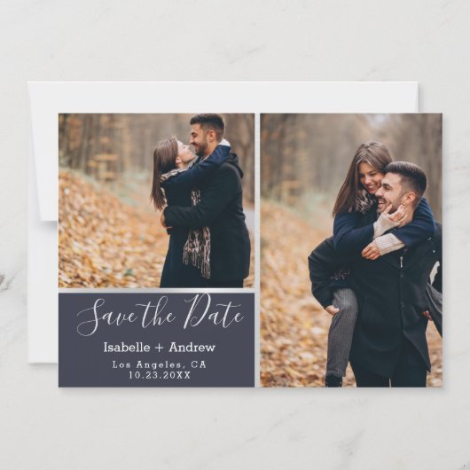 Elegant Navy Photo Collage Silver Save the Date Magnetische Uitnodiging (Voorkant)