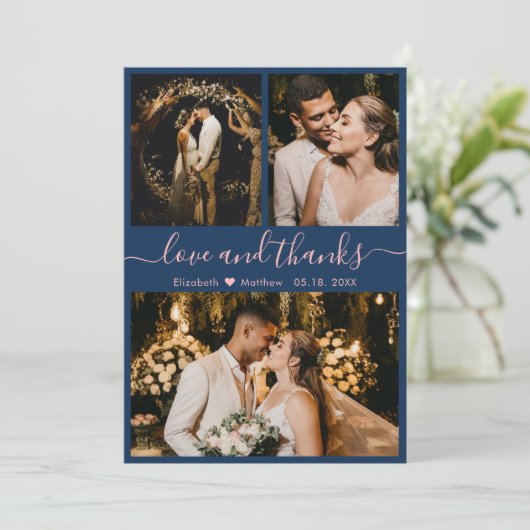 Elegant Navy Pink 3 Foto Collage Wedding Bedankkaart (Staand voorkant)