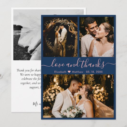 Elegant Navy Pink 3 Foto Collage Wedding Bedankkaart (Voorkant / Achterkant)