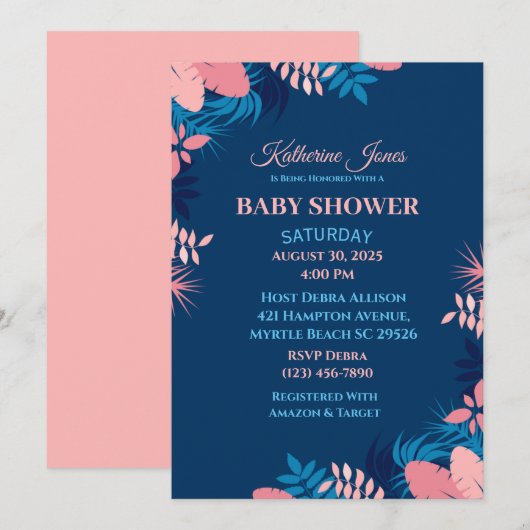 Elegant Navy Pink Floral Baby shower Uitnodiging (Voorkant / Achterkant)