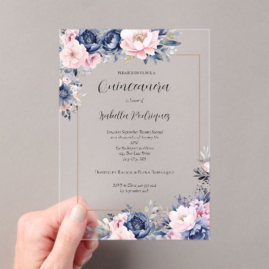 Elegant Navy Pink Floral Formal Quinceanera Acryl Uitnodigingen (Insitu (Draagbaar))