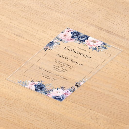 Elegant Navy Pink Floral Formal Quinceanera Acryl Uitnodigingen (Laagn)
