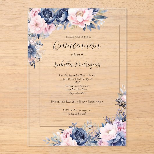 Elegant Navy Pink Floral Formal Quinceanera Acryl Uitnodigingen (Voorkant)