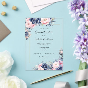 Elegant Navy Pink Floral Formal Quinceanera Acryl Uitnodigingen