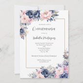 Elegant Navy Pink Floral Formal Quinceanera Kaart (Voorkant)