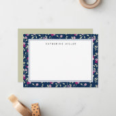 Elegant Navy Pink Floral Pattern Note Card Notitiekaartje (Voorkant / Achterkant in situ)