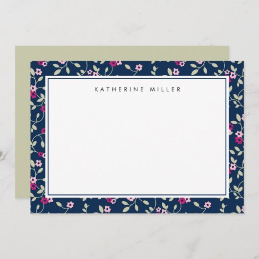 Elegant Navy Pink Floral Pattern Note Card Notitiekaartje (Voorkant / Achterkant)
