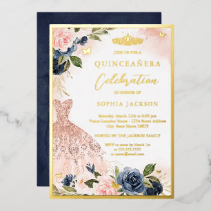 Elegant Navy Pink Floral Tiara Dress Quinceanera Folie Uitnodiging