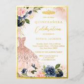 Elegant Navy Pink Floral Tiara Dress Quinceanera Folie Uitnodiging (Voorkant)