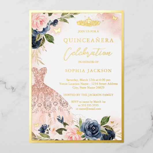 Elegant Navy Pink Floral Tiara Dress Quinceanera Folie Uitnodiging (Voorkant)